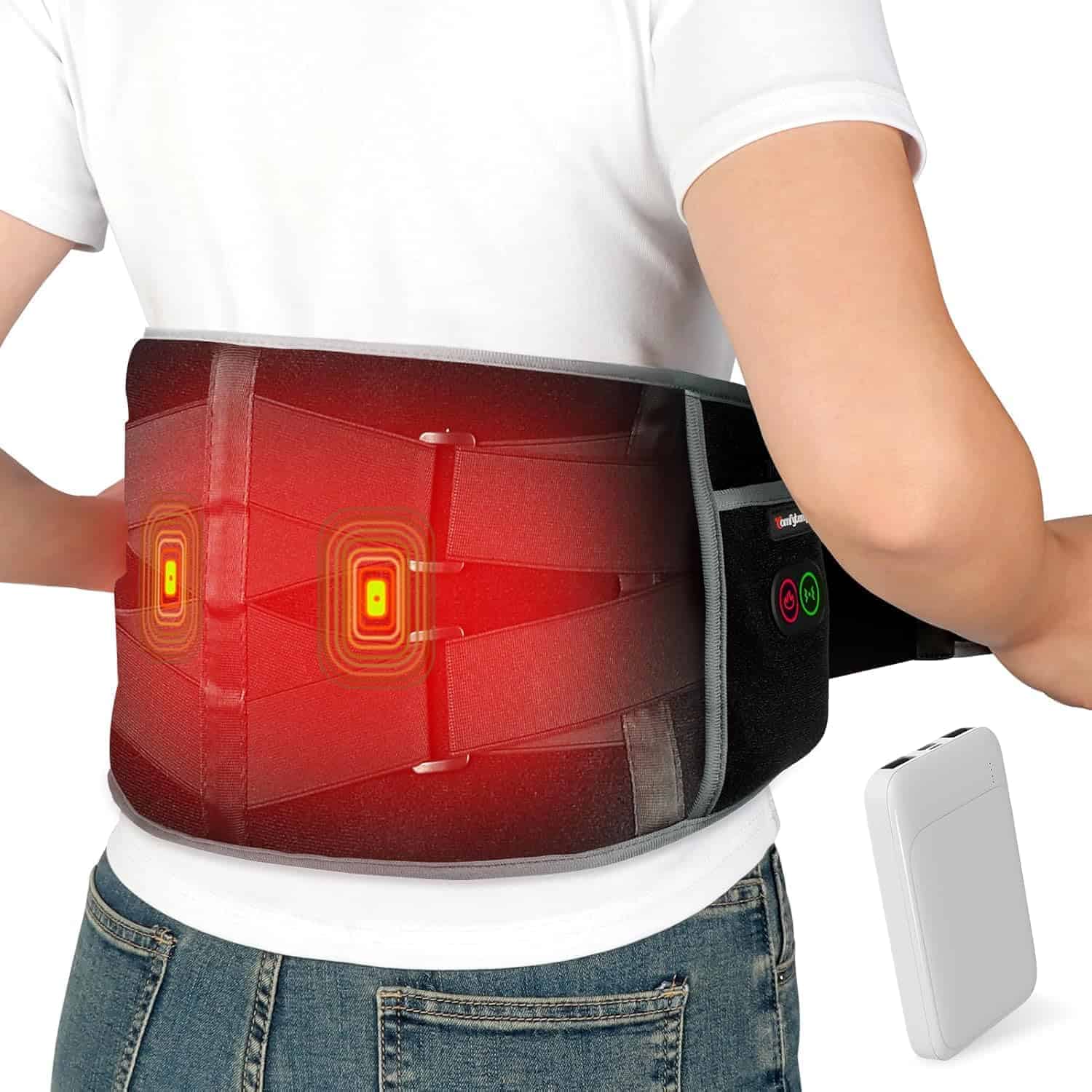 Person wearing a black heated back brace with red light therapy; a white battery pack is shown nearby.