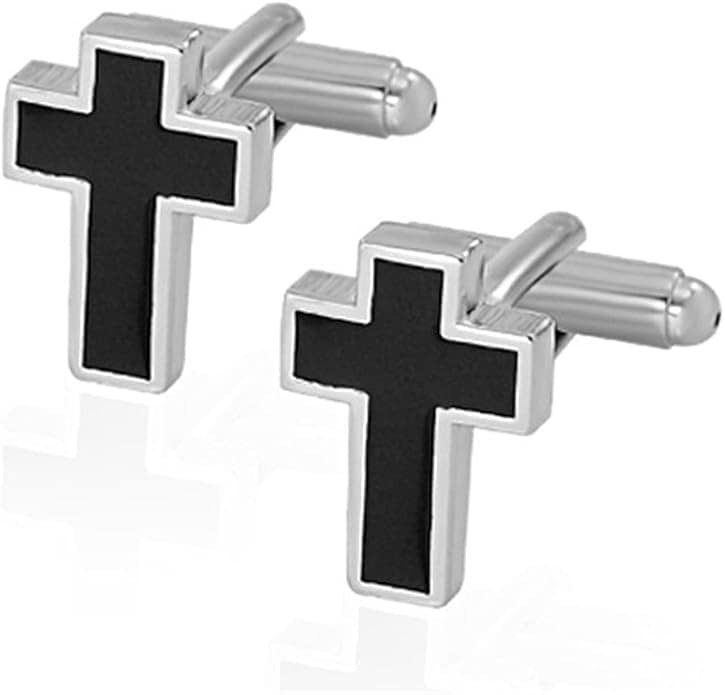 A pair of silver cufflinks shaped like crosses with black enamel in the center.