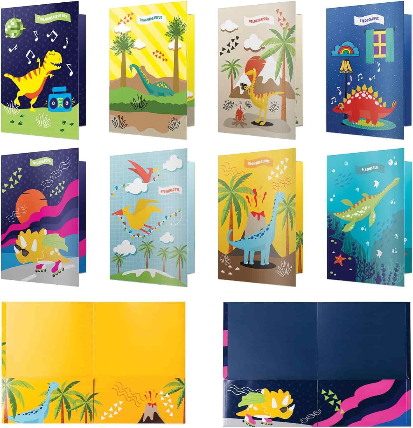 Ten colorful folders feature various cartoon dinosaurs and prehistoric scenery, shown both front and back covers, with two inside designs in yellow and navy blue displayed at the bottom.