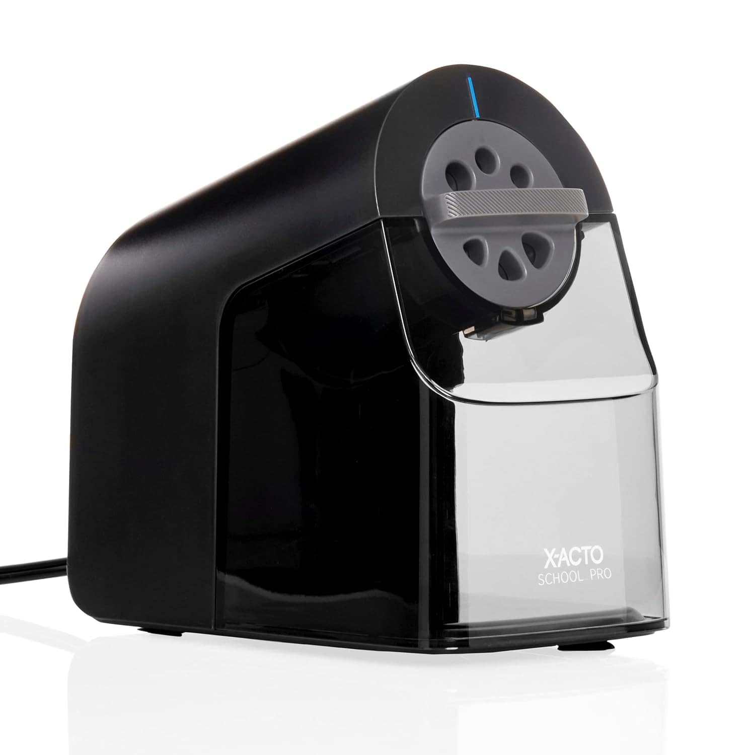A black electric pencil sharpener with a transparent shavings bin and multiple pencil size options, labeled "X-ACTO School Pro.