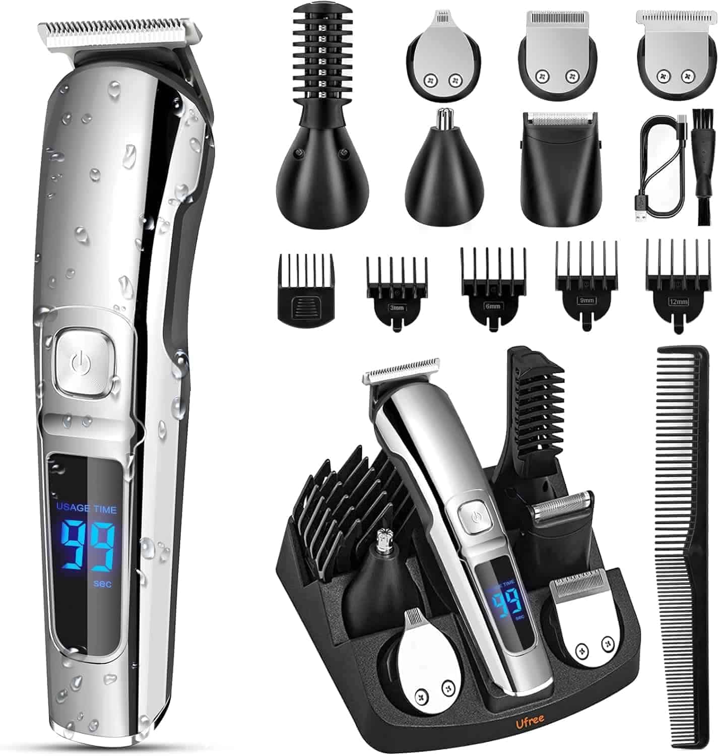 A cordless hair trimmer set with various attachments, combs, charging dock, cleaning brush, and a digital display showing usage time.
