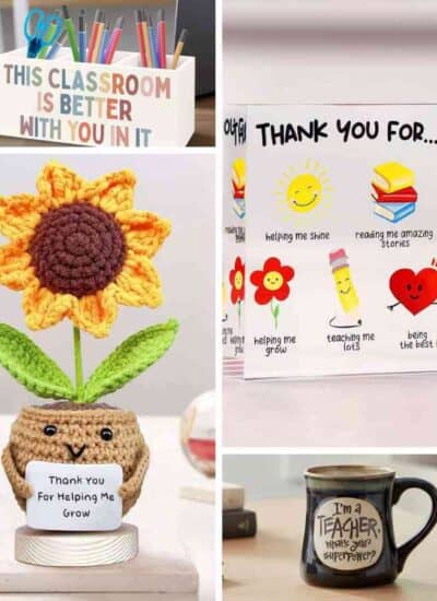 A collage of end of the school year gift ideas for teachers.