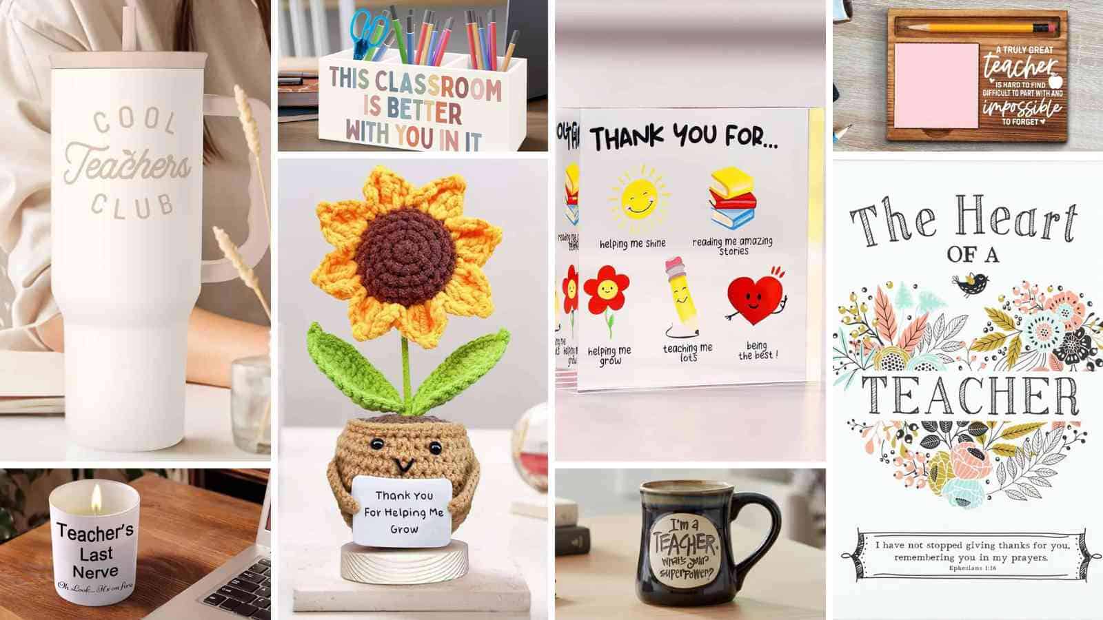 A collage of end of the school year gift ideas for teachers.