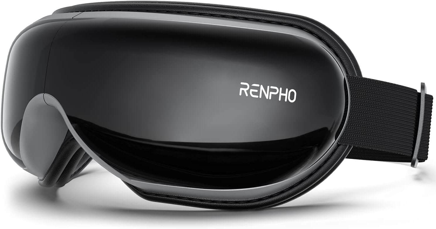 A black RENPHO eye massager with an adjustable strap, featuring a smooth, glossy exterior design.