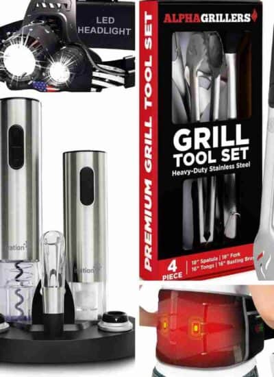 A collage of various Father’s Day gift ideas, featuring whiskey sets, a LED headlamp, grilling tools, a black mug, a "Daddy" bracelet, and a salt and pepper grinder set.