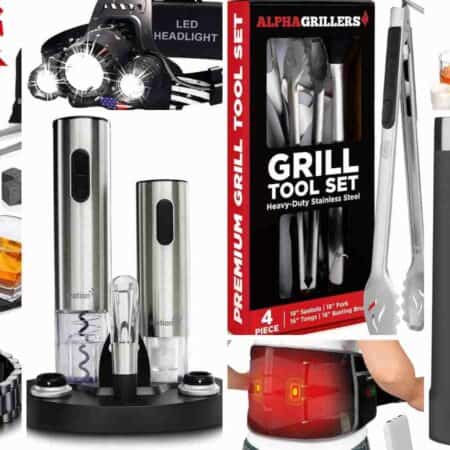 A collage of various Father’s Day gift ideas, featuring whiskey sets, a LED headlamp, grilling tools, a black mug, a "Daddy" bracelet, and a salt and pepper grinder set.