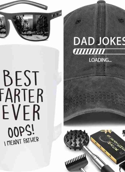 A collage of various dad-themed gifts including shirts, a mug, a hat, sunglasses, grooming kits, cologne bottles, and a “toilet timer” shaped like a man on a toilet.