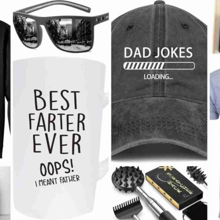 A collage of various dad-themed gifts including shirts, a mug, a hat, sunglasses, grooming kits, cologne bottles, and a “toilet timer” shaped like a man on a toilet.