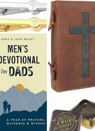 A collage of Christian-themed gifts for men, including mugs, jewelry, a devotional book, a leather journal with a cross, and keychains with Bible verses.