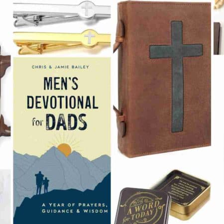 A collage of Christian-themed gifts for men, including mugs, jewelry, a devotional book, a leather journal with a cross, and keychains with Bible verses.