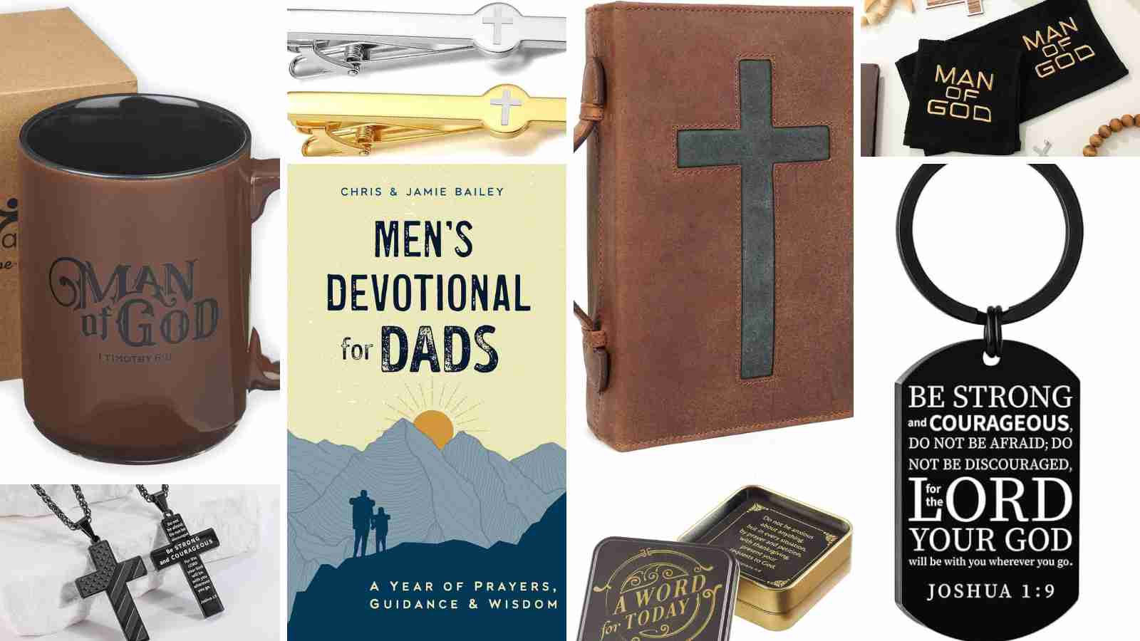 A collage of Christian-themed gifts for men, including mugs, jewelry, a devotional book, a leather journal with a cross, and keychains with Bible verses.