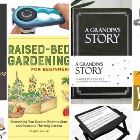 A collage of six gift items including grilling spices, a jar opener, gardening book, story journal, monogrammed hat, and bird watching guide.