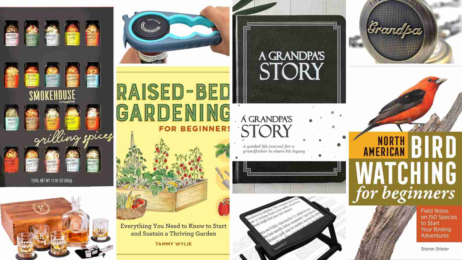 A collage of six gift items including grilling spices, a jar opener, gardening book, story journal, monogrammed hat, and bird watching guide.