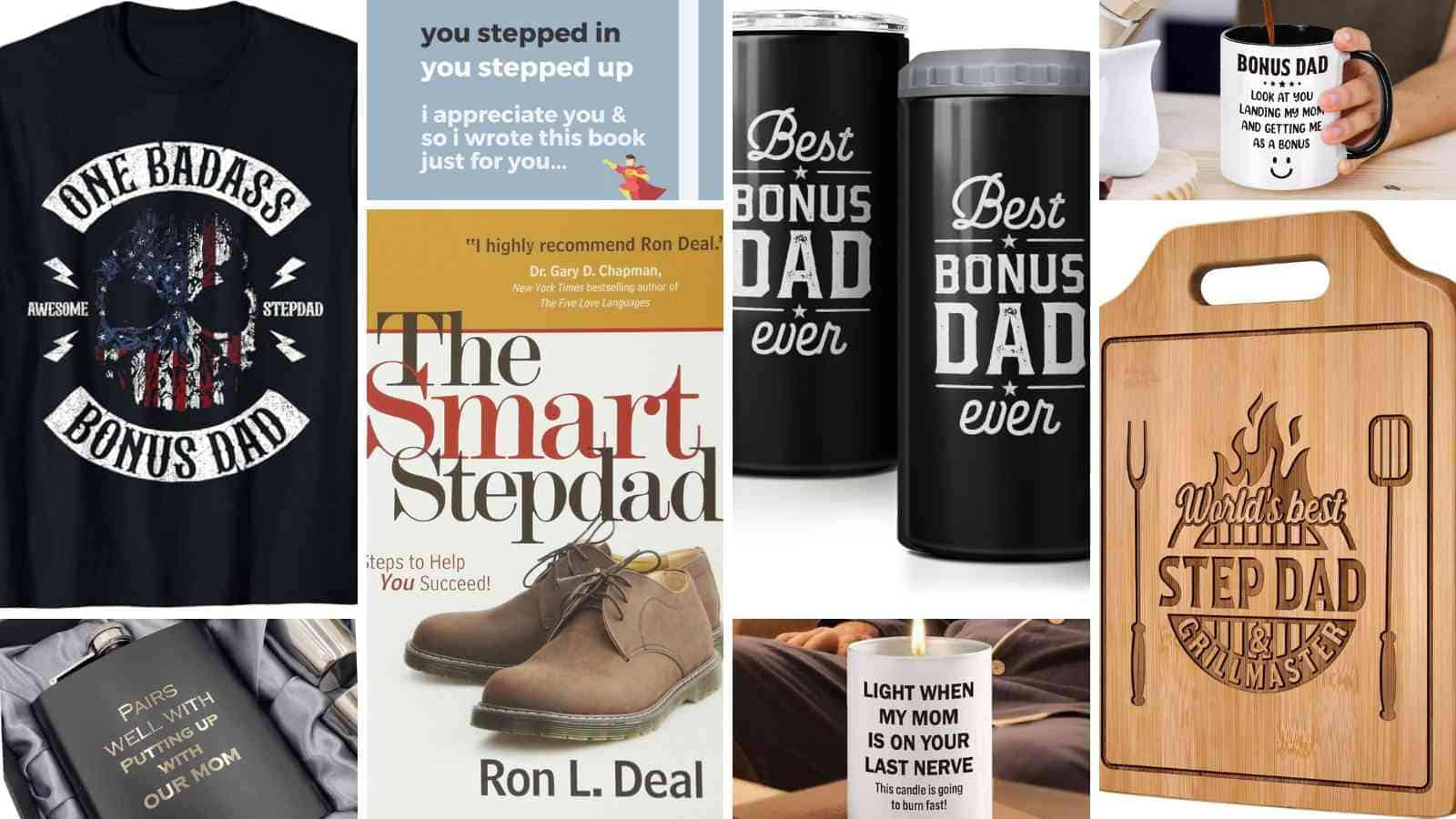 A collage of Father's Day gifts for stepdads.