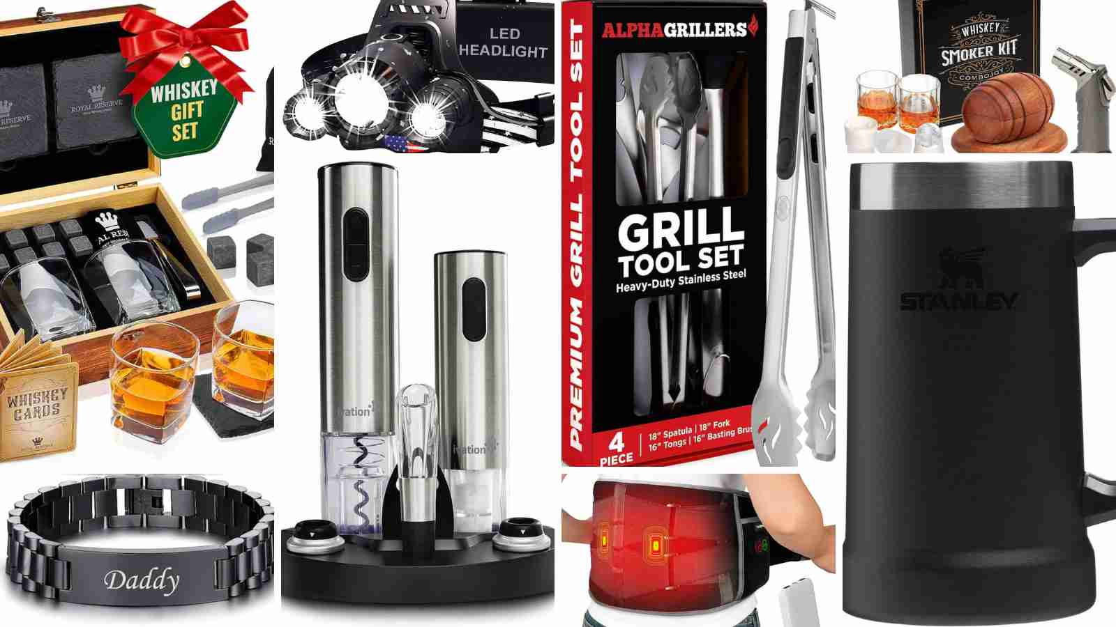 A collage of various Father’s Day gift ideas, featuring whiskey sets, a LED headlamp, grilling tools, a black mug, a "Daddy" bracelet, and a salt and pepper grinder set.