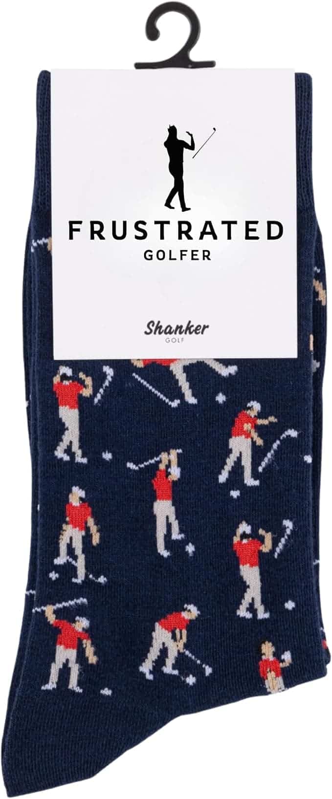 A pair of navy socks featuring pixel-style golfers in red shirts, packaged with a label that reads "Frustrated Golfer" and shows a silhouette of a golfer.