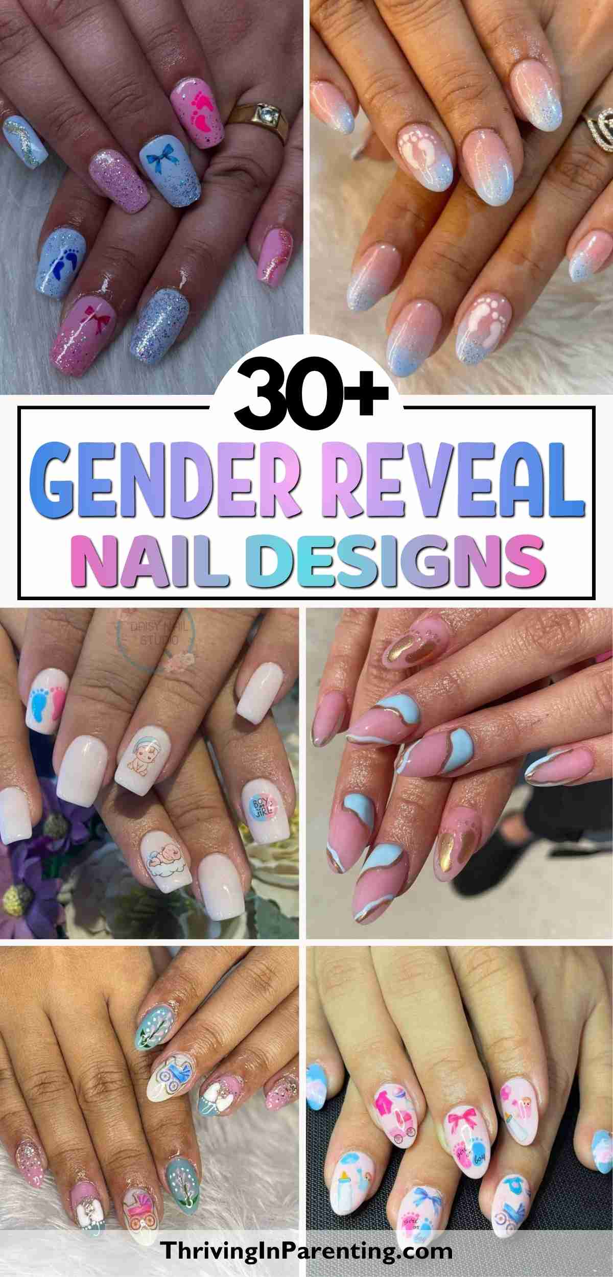 A collage of gender reveal nail ideas in pink, blue, and white, featuring patterns like baby feet, question marks, and glitter accents.