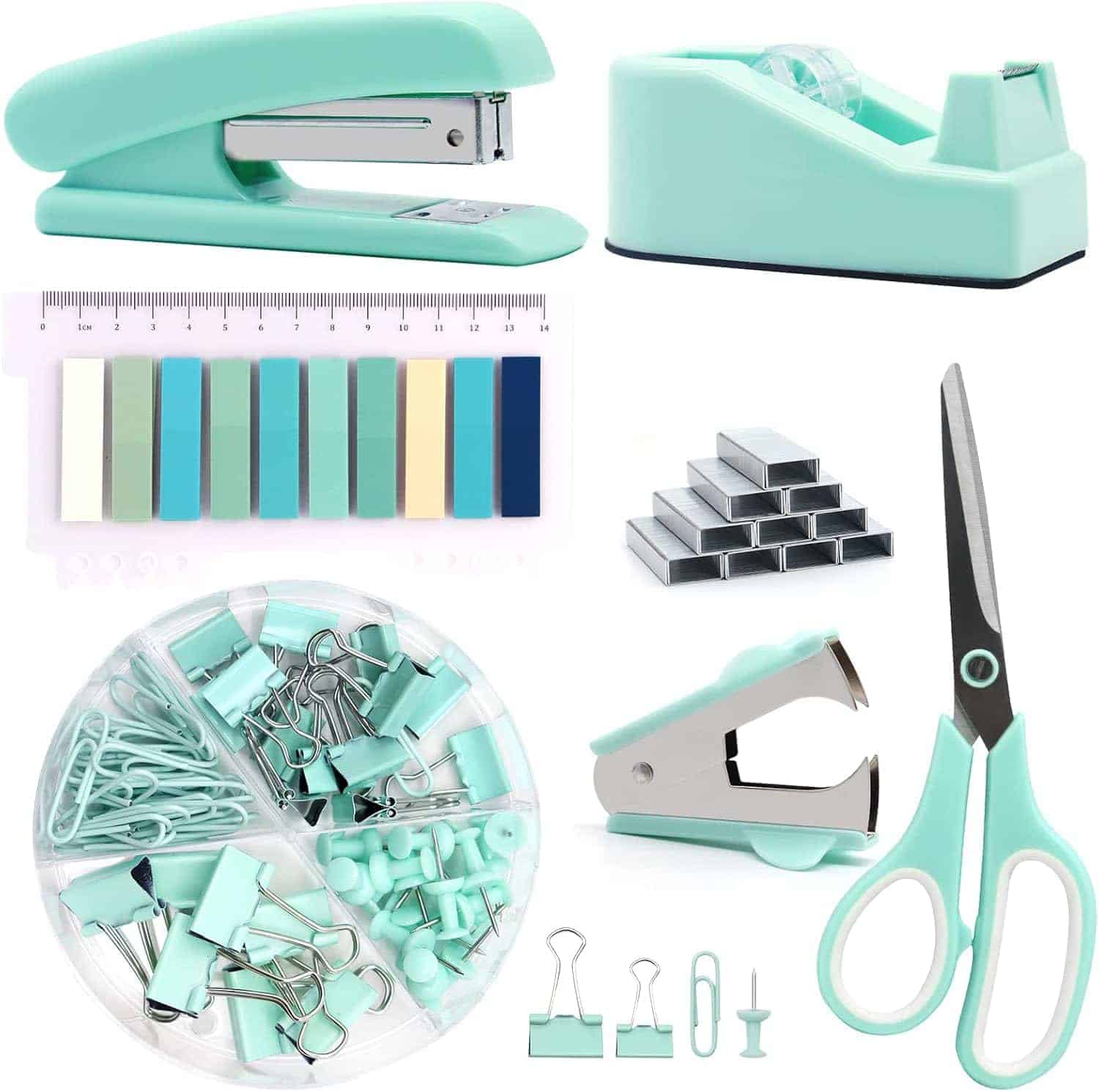 A set of mint green office supplies including a stapler, tape dispenser, ruler, sticky notes, stapler remover, scissors, binder clips, paper clips, and staples.