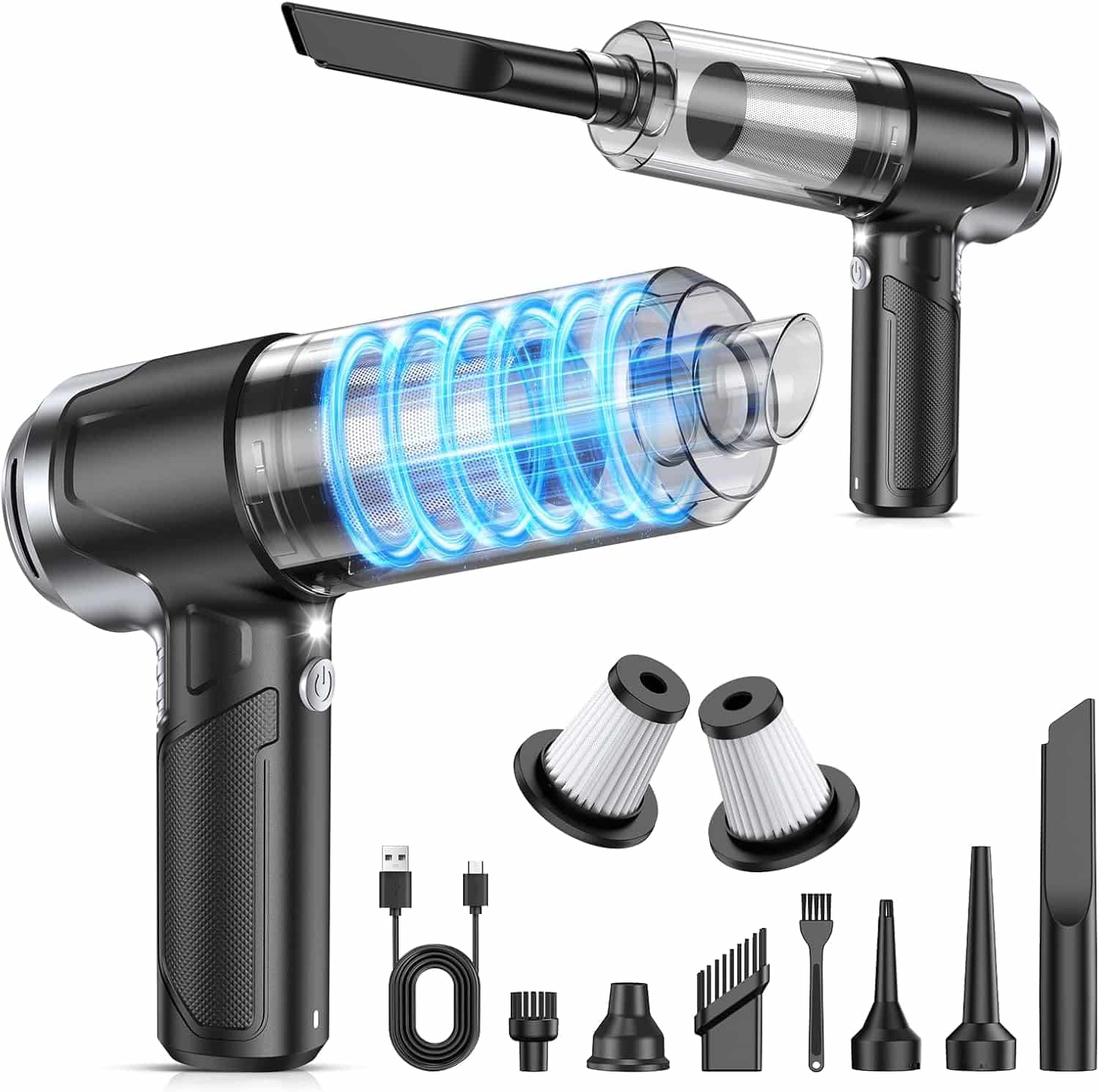 Cordless handheld vacuum cleaner with transparent dust chamber, blue airflow effect, multiple nozzles, filters, brush, and charging cable shown on a white background.