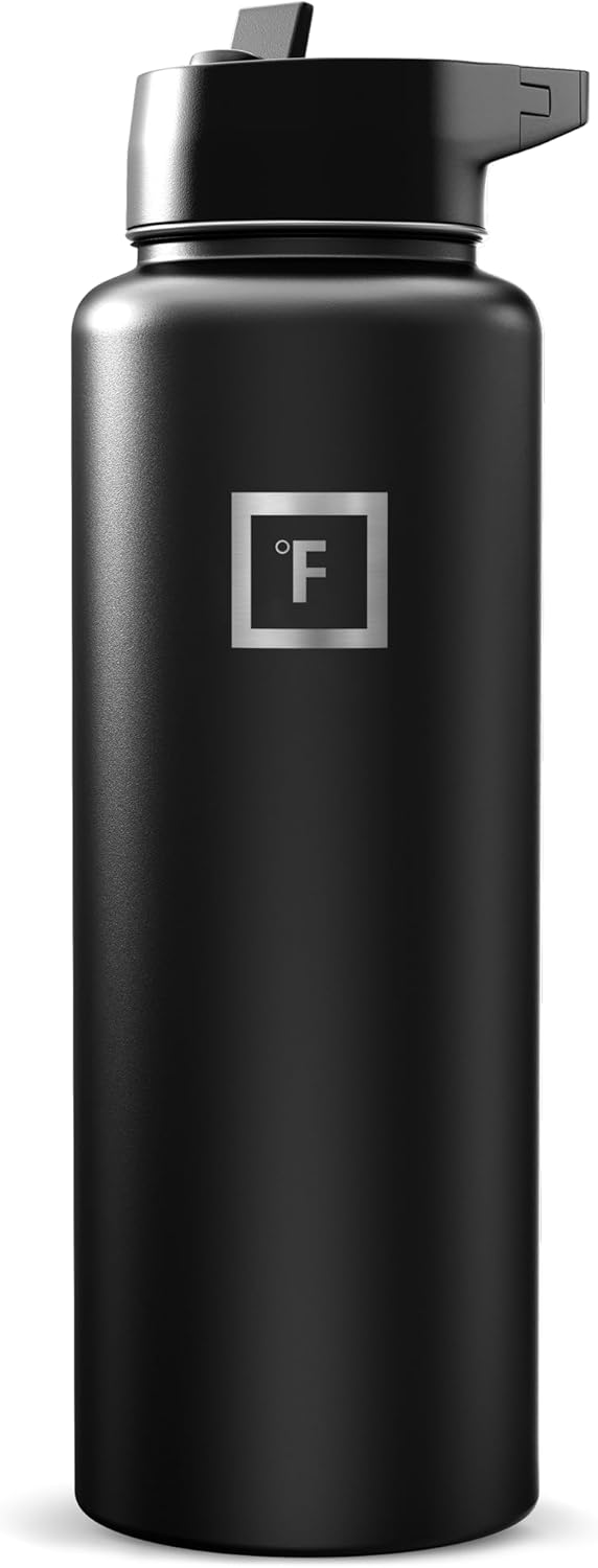 A matte black stainless steel water bottle with a flip-top lid and a square logo featuring the letter "F" and a degree symbol on the front.