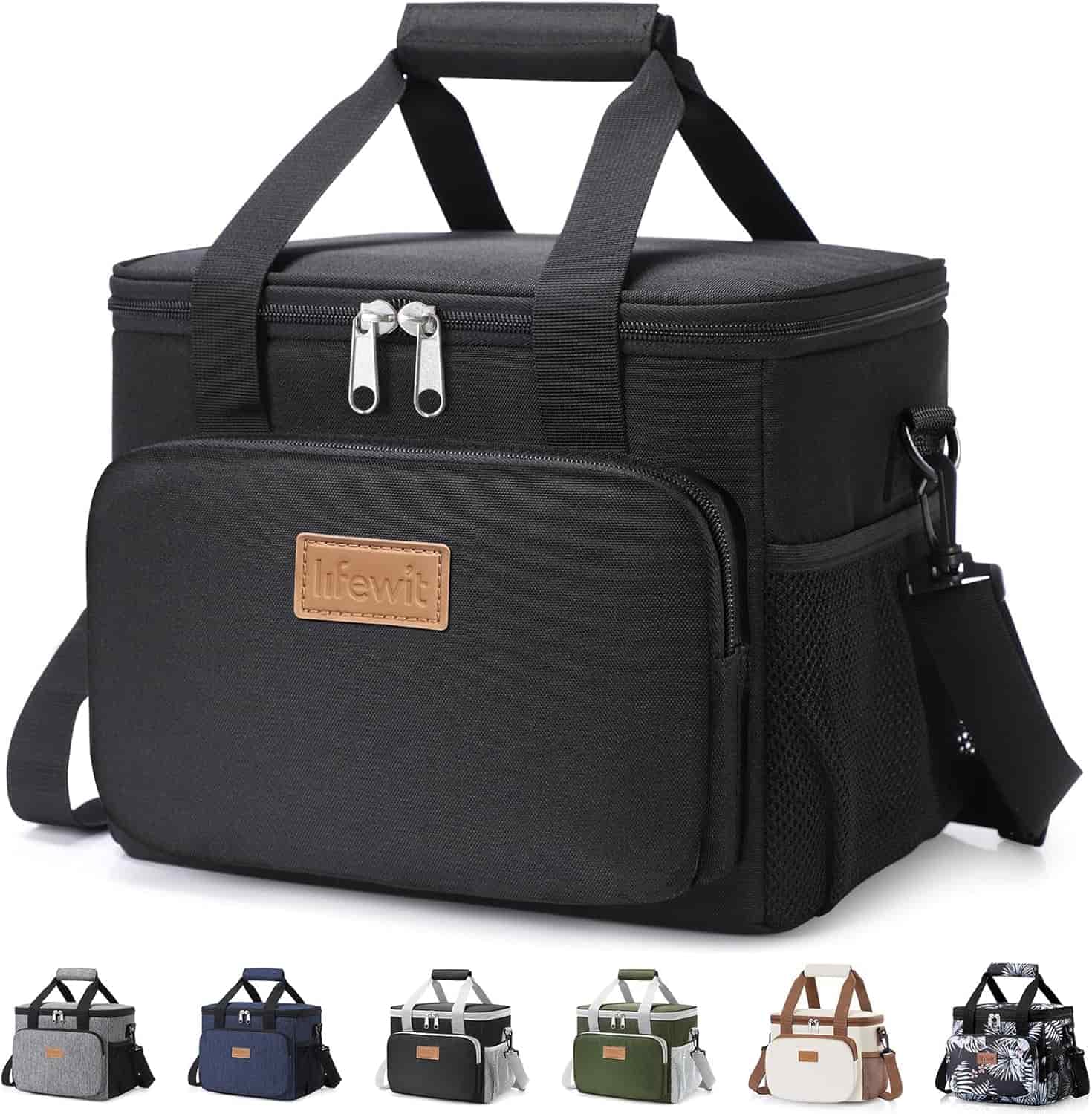 A black Lifewit insulated lunch bag with a top handle, front pocket, and detachable shoulder strap. Five other color options are displayed below the main image.