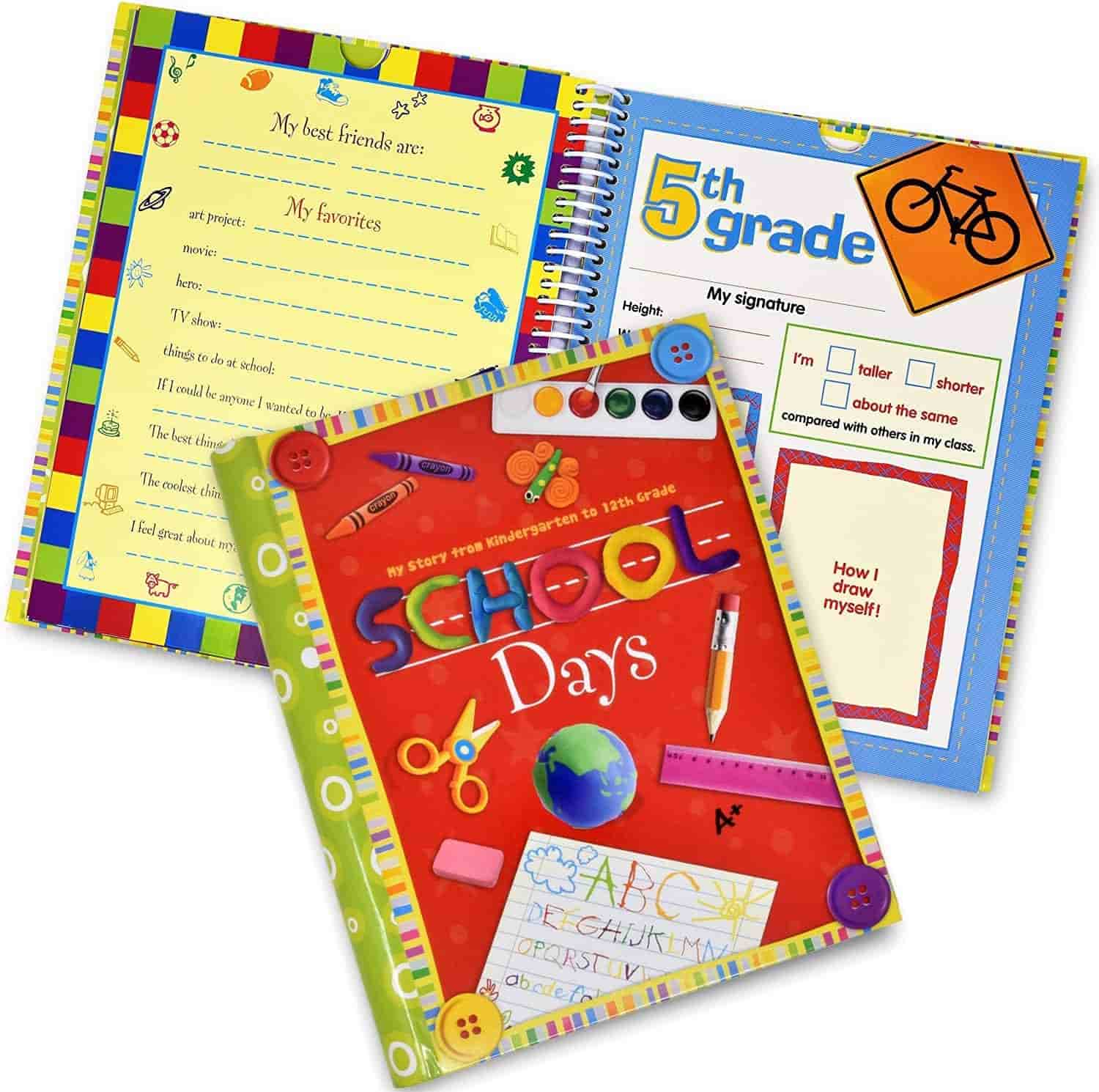 A colorful school memories book open to pages for recording friends, favorites, and details about 5th grade, with school-themed illustrations and decorations.