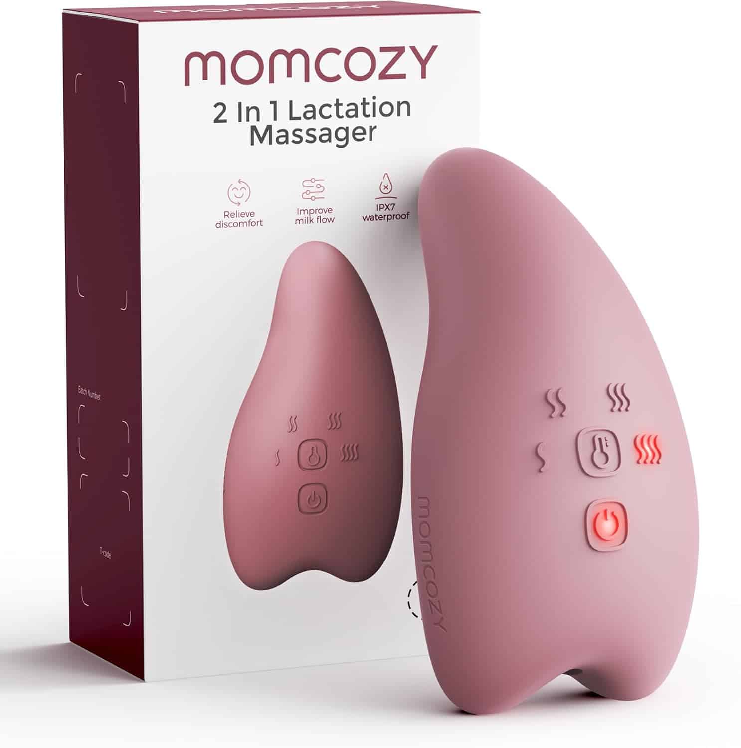 Momcozy 2-in-1 Lactation Massager in pink, shown beside its box. Features heat and vibration controls, IPX7 waterproof rating, designed to relieve discomfort and improve milk flow.