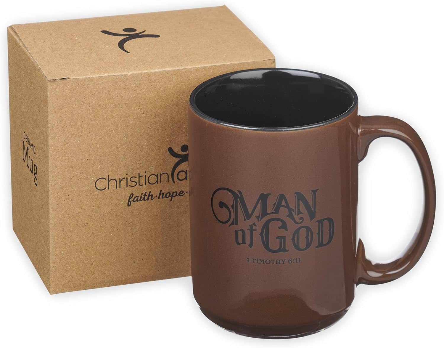 Brown ceramic mug with "Man of God 1 Timothy 6:11" printed on it, placed next to a cardboard box labeled "Christian Art Gifts faith.hope.love".