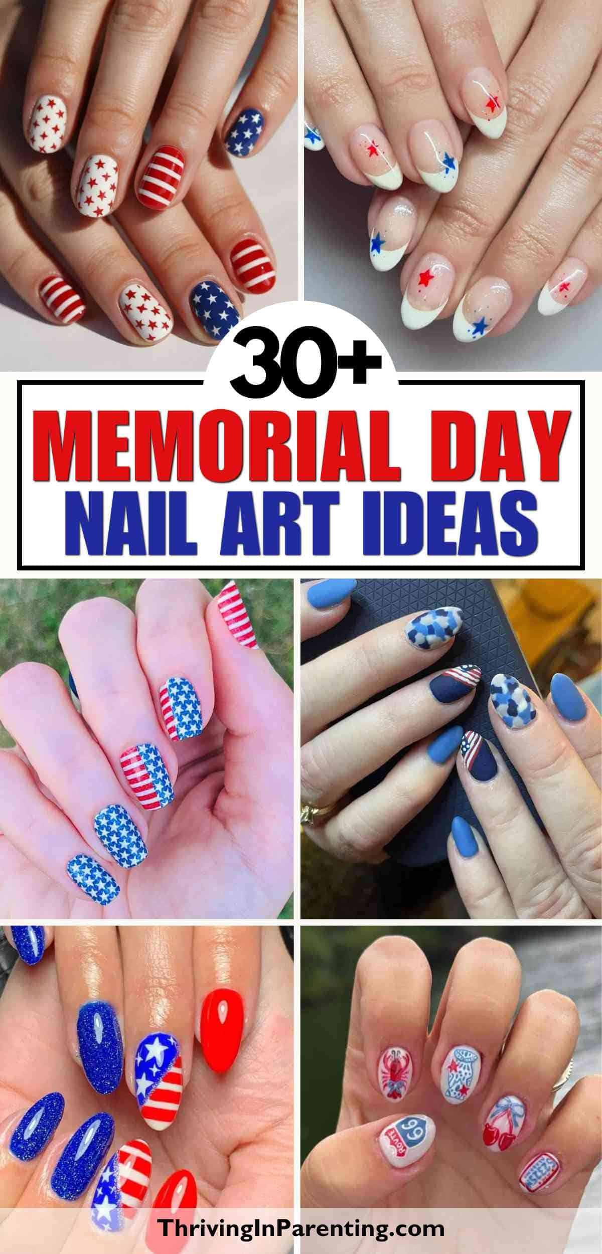 Collage of hands displaying various Memorial Day nails with stars, stripes, and red, white, and blue designs.