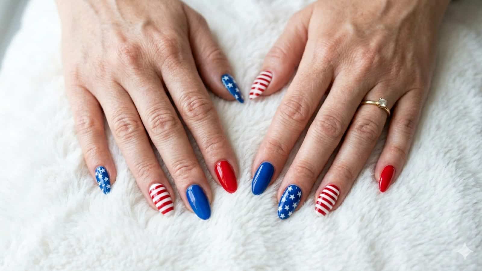 Two hands with long nails painted in a red, white, and blue American flag design, resting on a white textured surface.