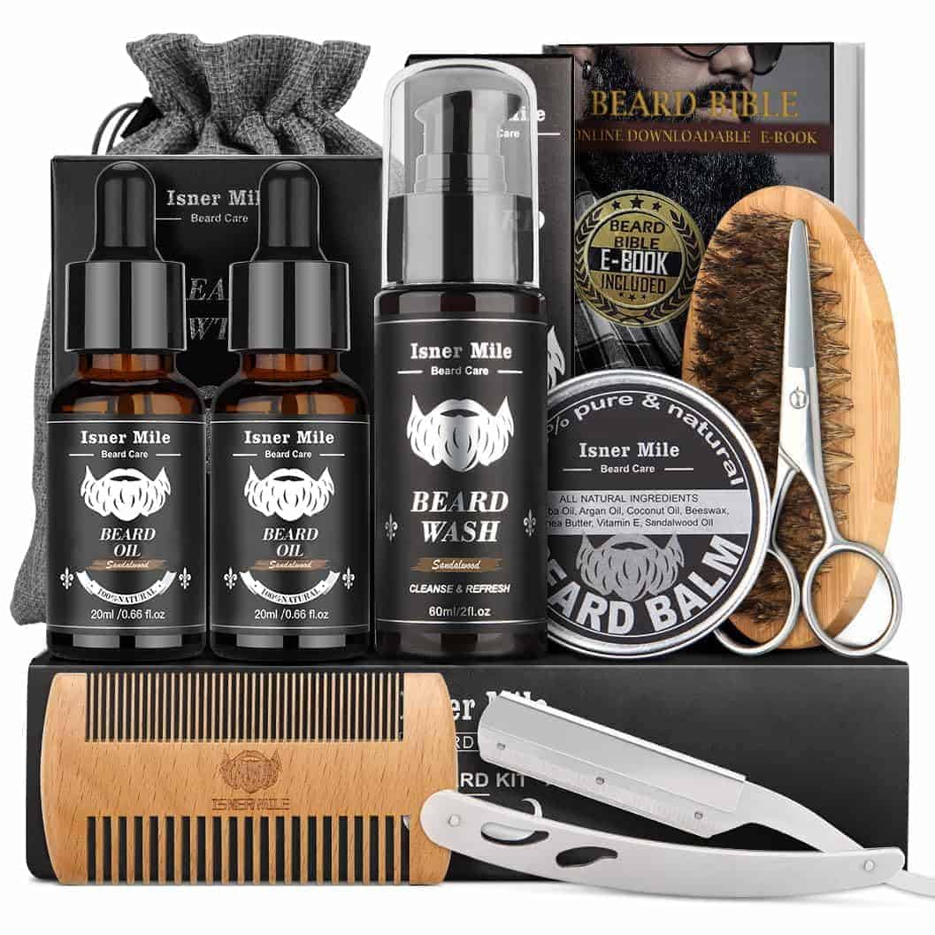 Grooming kit includes beard oil, beard wash, beard balm, comb, brush, scissors, razor, and a storage bag, all branded Isner Mile, with an e-book titled "Beard Bible.