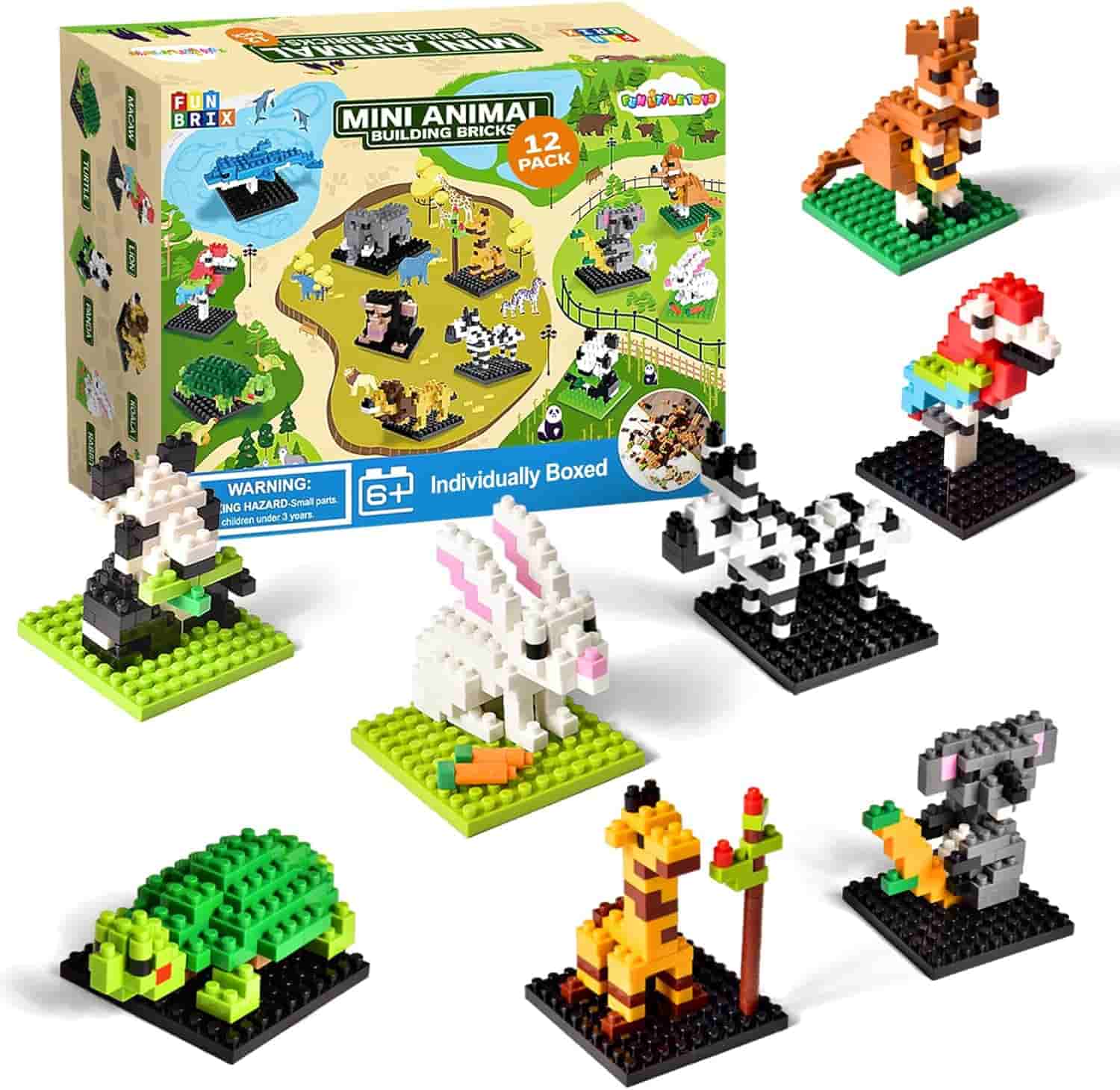 Box of "Mini Animal Building Bricks" with several assembled animal figures, including a panda, rabbit, zebra, giraffe, turtle, kangaroo, elephant, and a bird, displayed in front.