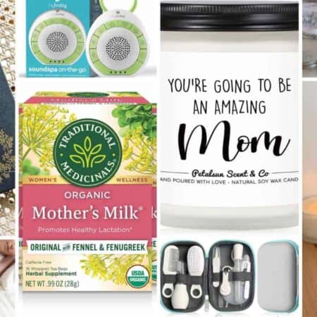 A collage of thoughtful gift ideas for new moms, including a notebook, tea, candle, foot massager, manicure kit, and a decorative wooden plaque with a baby photo.