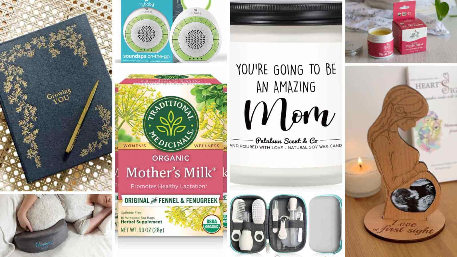 A collage of thoughtful gift ideas for new moms, including a notebook, tea, candle, foot massager, manicure kit, and a decorative wooden plaque with a baby photo.