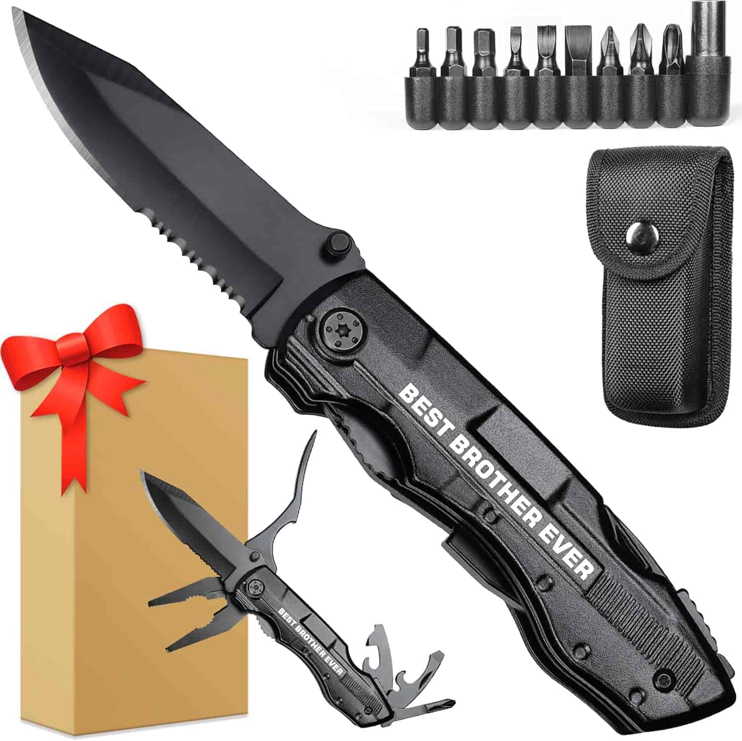 A black multitool pocket knife labeled "Best Brother Ever" with various tool attachments, screwdriver bits, a black pouch, and a gift box with a red bow.