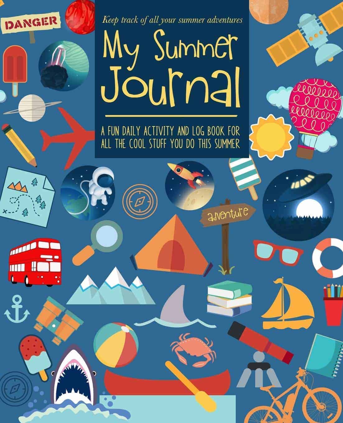 Colorful illustrated cover of "My Summer Journal" featuring summer icons like ice cream, a tent, a bicycle, a shark, a sun, sports equipment, and travel items on a blue background.