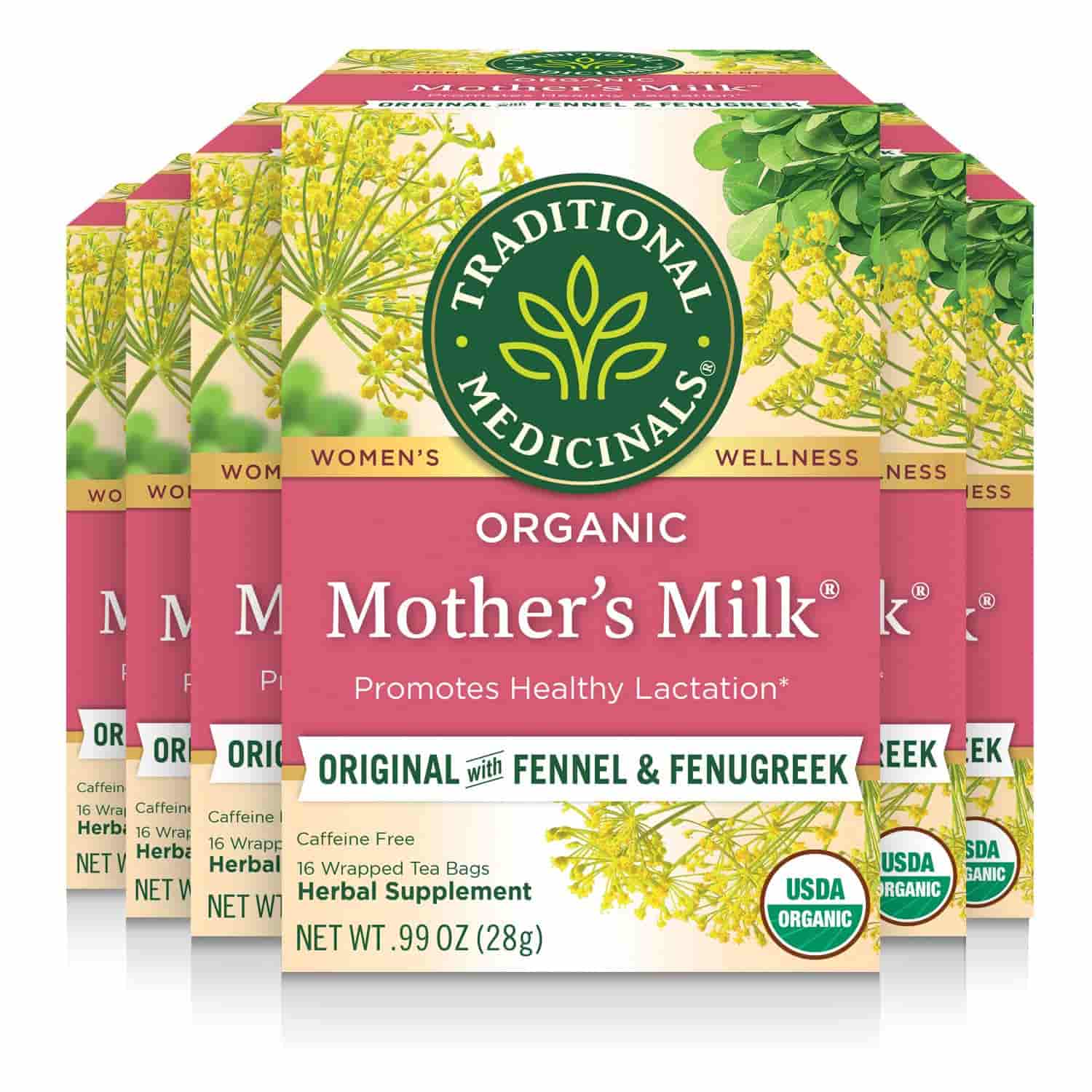 Four boxes of Traditional Medicinals Organic Mother's Milk tea, featuring fennel and fenugreek, designed to promote healthy lactation.