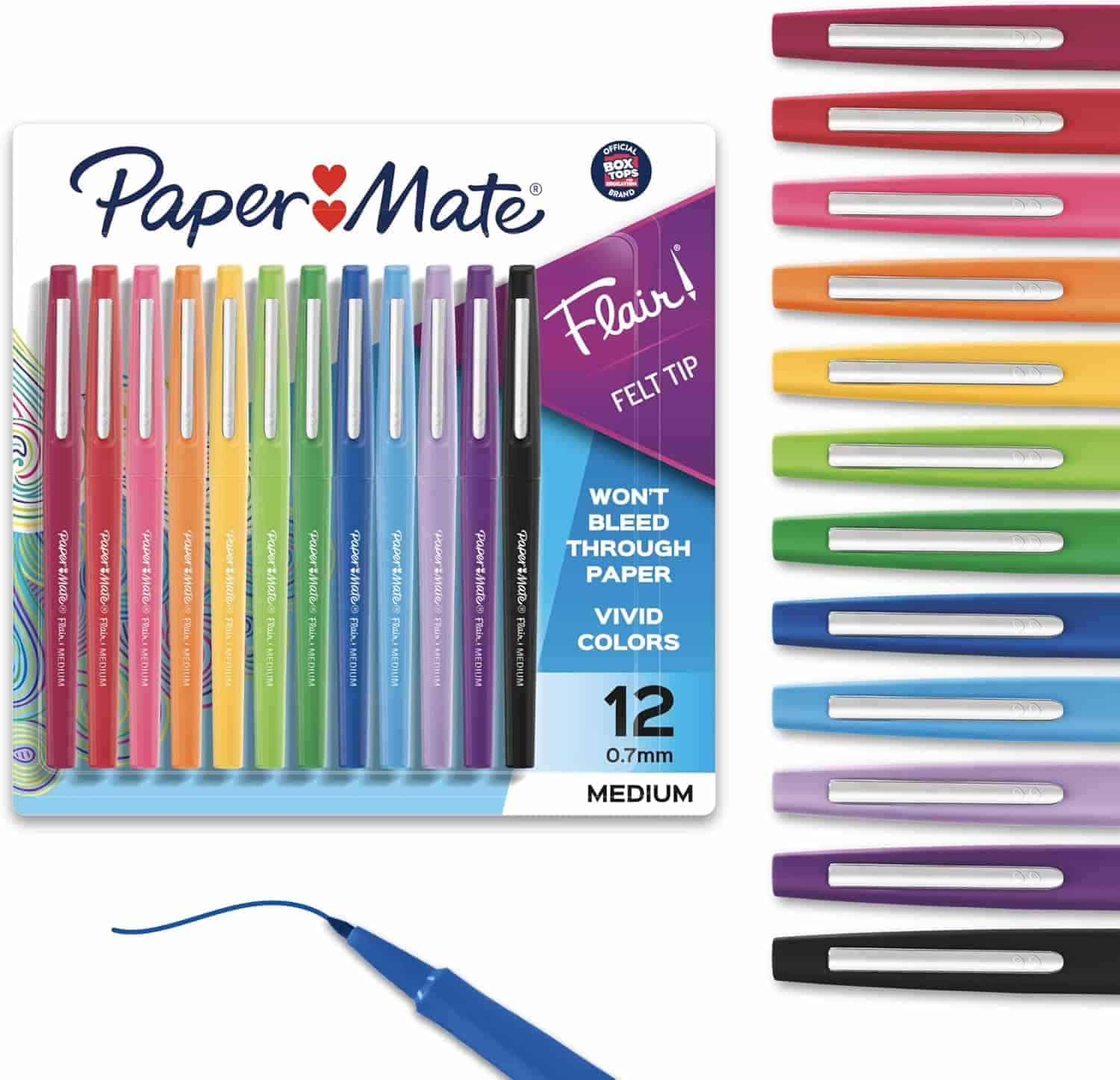 Paper Mate Flair felt tip pens, 12 pack, arranged in rainbow colors with one blue pen uncapped and a blue line drawn. Text highlights features: won’t bleed, vivid colors, medium tip.