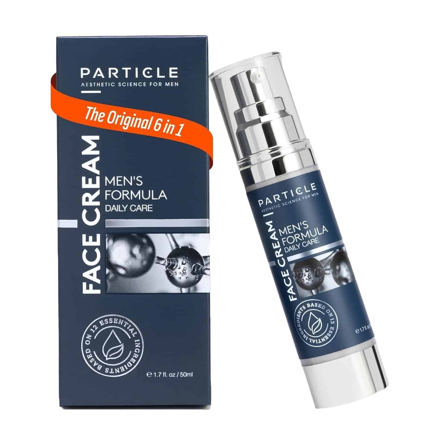 Particle Men's Formula Face Cream bottle and packaging box, labeled "The Original 6 in 1" and "Daily Care," with a silver and dark blue design, 1.7 fl oz (50ml).