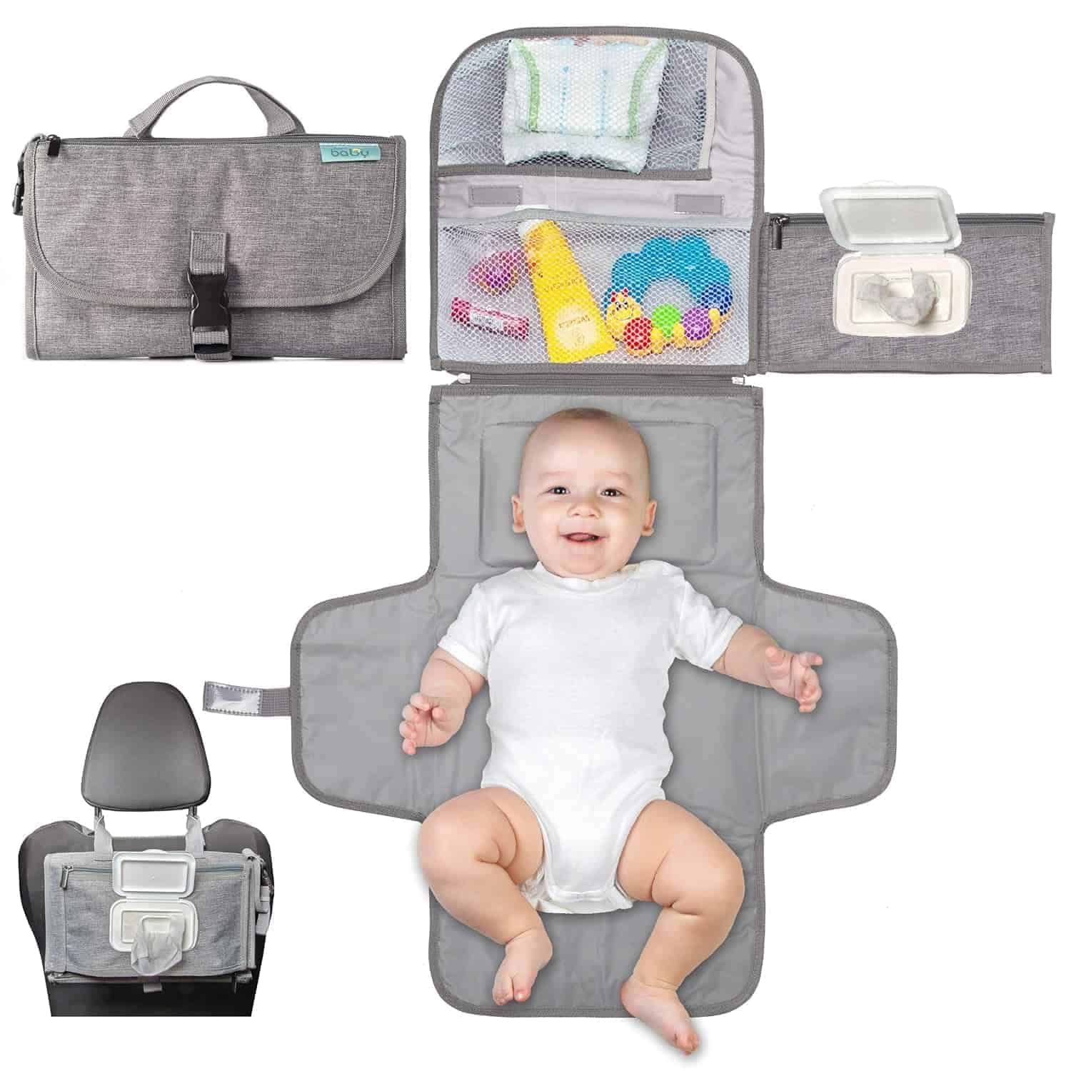 A portable gray baby changing pad with storage pockets, shown open with a baby on it, closed, and attached to a car seat. Accessories and baby items visible in pockets.
