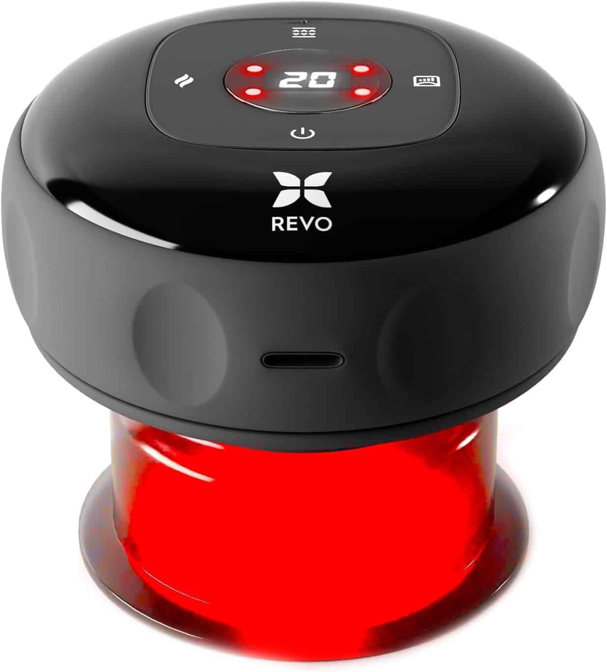A black REVO device with a digital display and buttons on top emits a red light from its base.