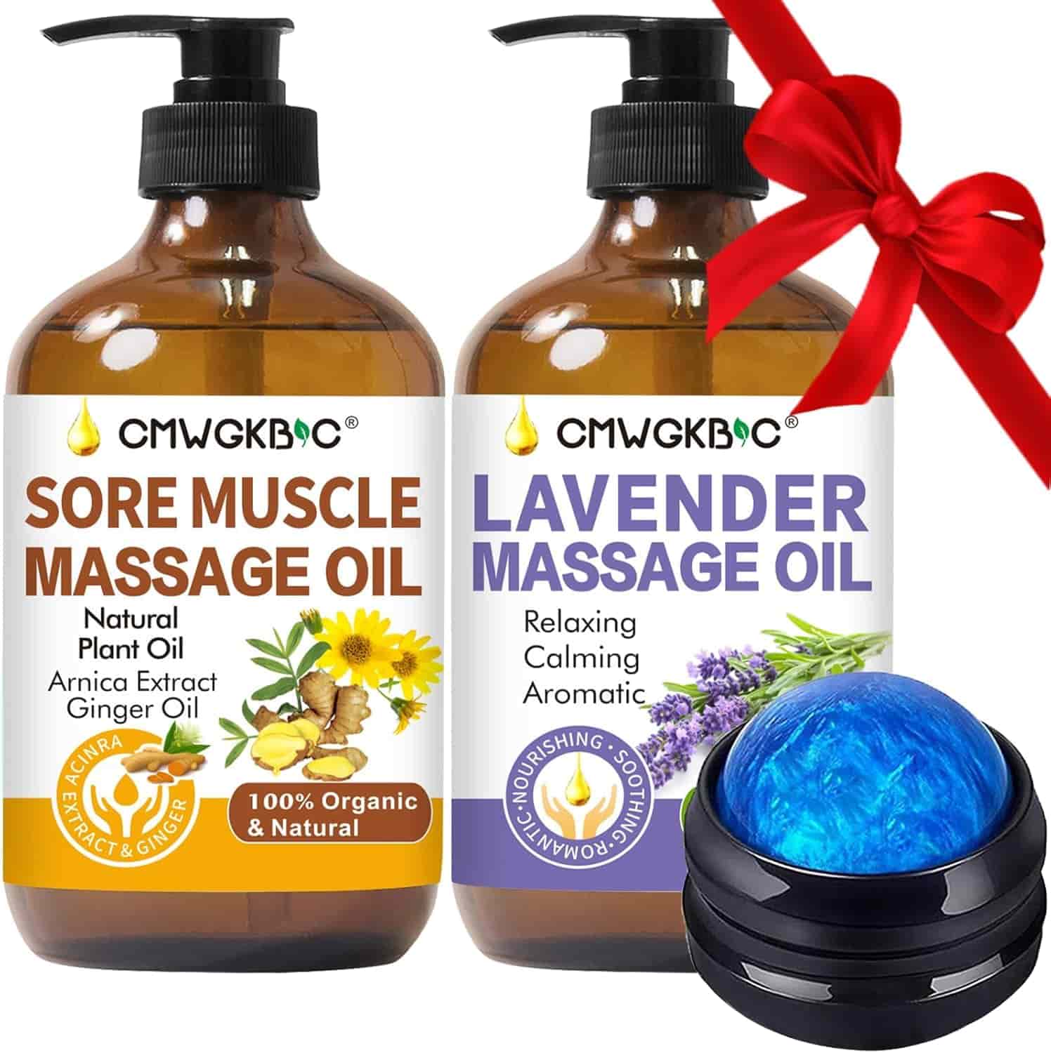 Two pump bottles of massage oil labeled "Sore Muscle" and "Lavender," with a red ribbon and a blue handheld massage tool in front.