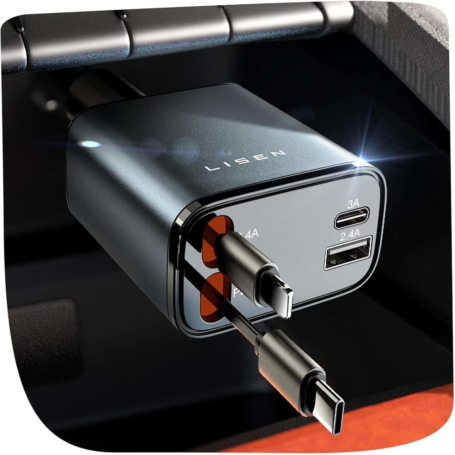 A close-up of a LISEN car charger plugged into a car socket, featuring two USB ports and two charging cables connected.