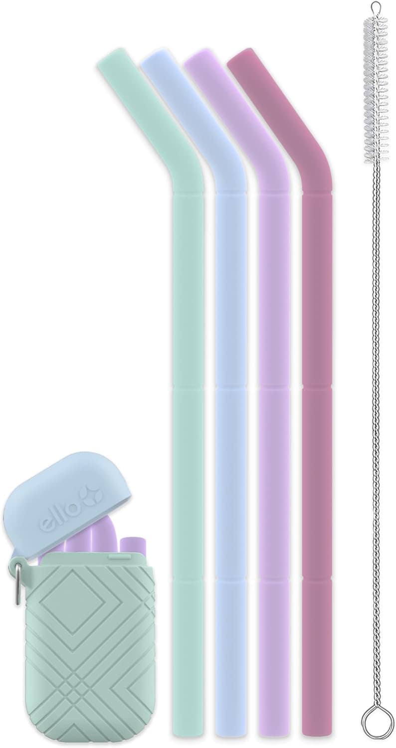 Four pastel-colored silicone straws with angled tops, a straw cleaning brush, and a small carrying case with a flip lid and geometric pattern.