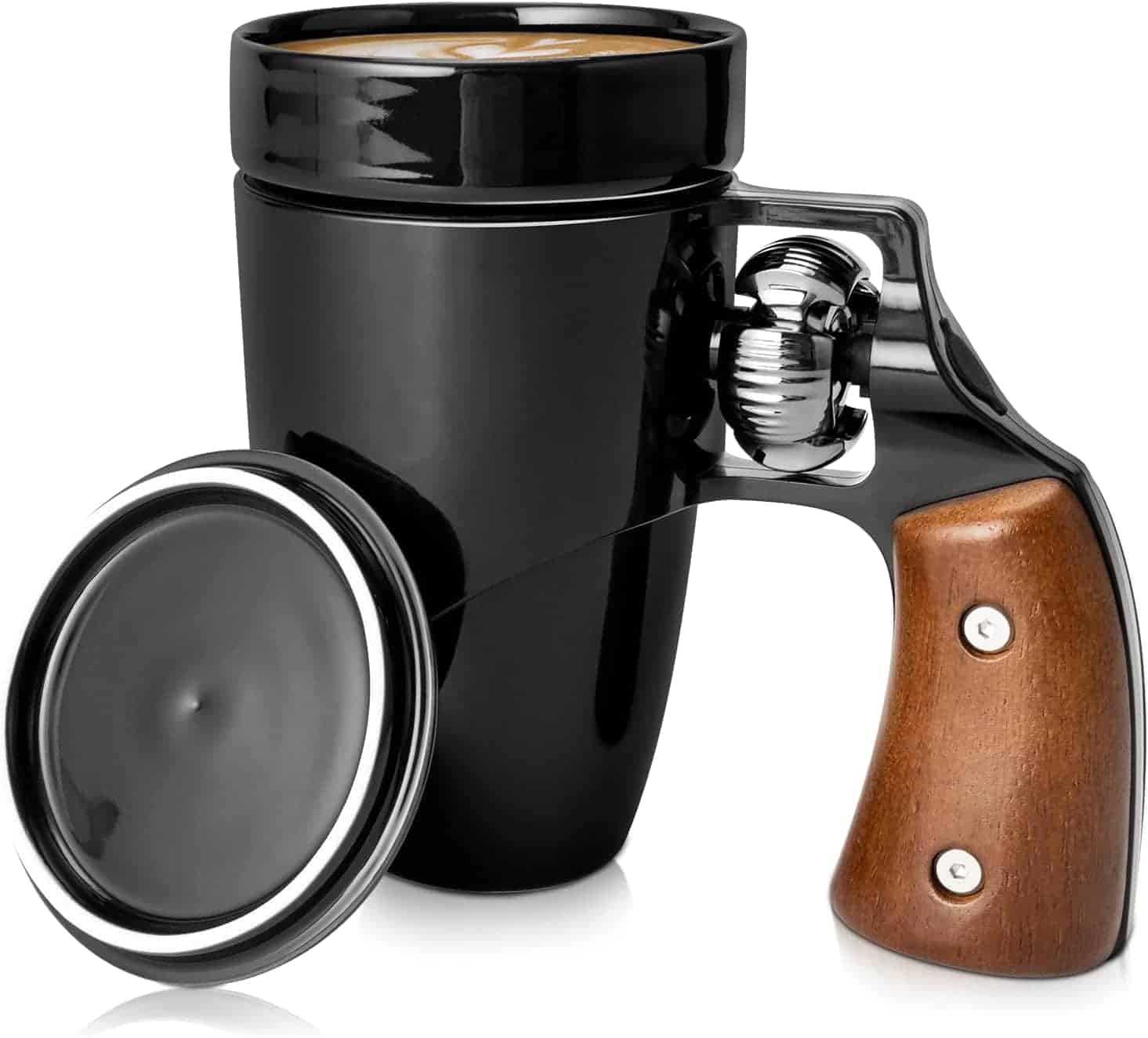 A black travel mug with a lid, designed with a handle resembling a revolver grip, featuring a wooden finish and metallic details.