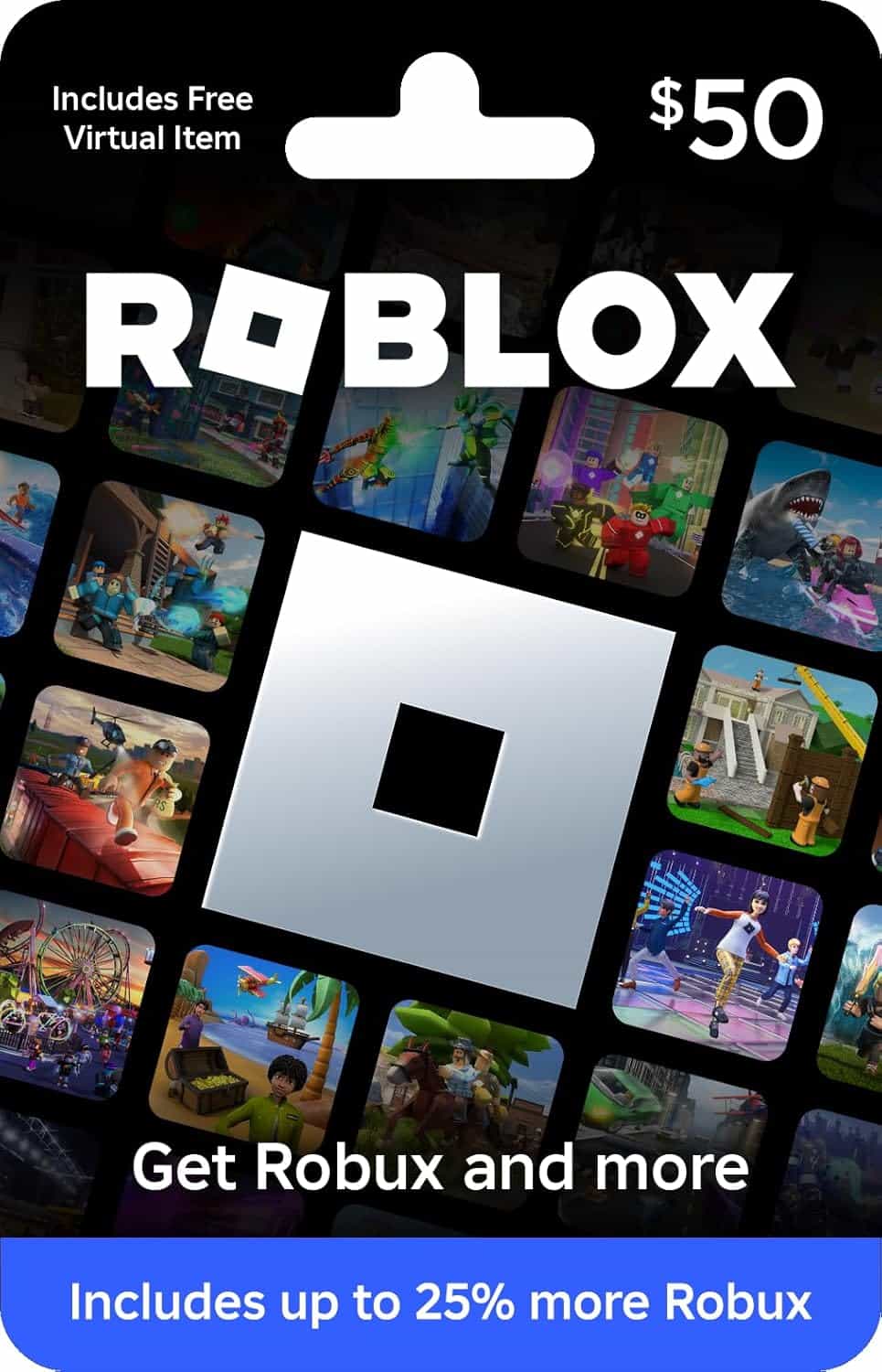 Front of a $50 Roblox gift card featuring the Roblox logo, game scenes in the background, and text promoting extra Robux and a free virtual item.