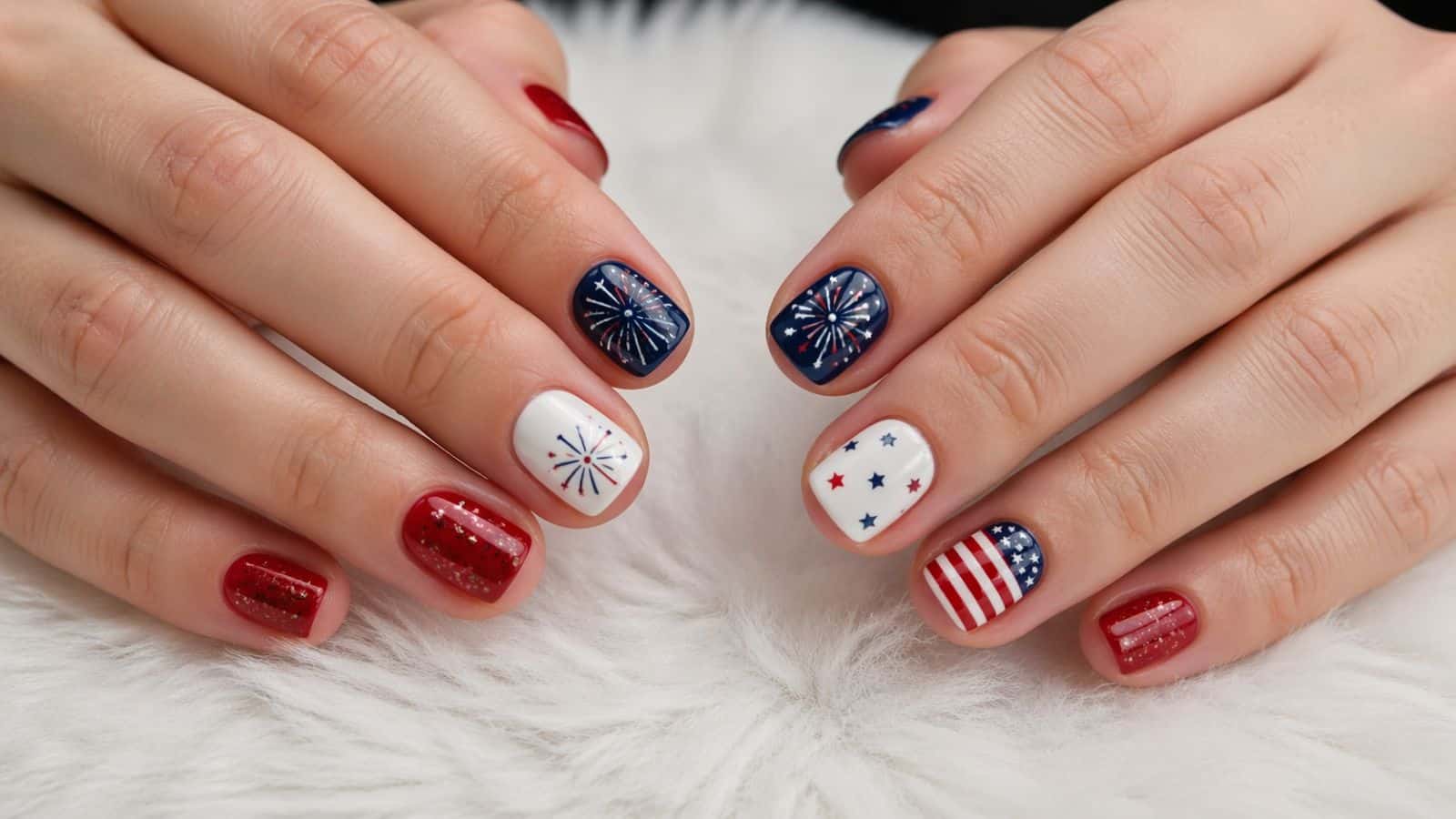 Hands with manicured nails featuring red, white, and blue designs, including stars, stripes, and fireworks, displayed on a white, furry surface.