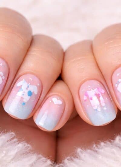 Close-up of hands with pastel ombre manicured nails featuring white hearts, baby footprints, and baby clothes nail art designs.