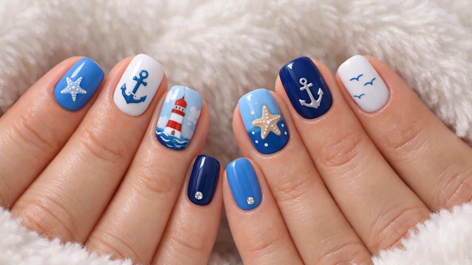 Hands with blue and white nautical-themed nail art, featuring anchors, starfish, a lighthouse, birds, and small decorative gems.