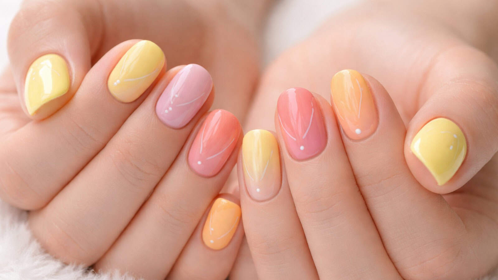 Close-up of hands with manicured nails in pastel yellow, pink, and orange shades, each nail featuring a small white dot and subtle curved white line.